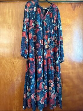Ivy City Co Navy Maxi Dress with Red Floral Print